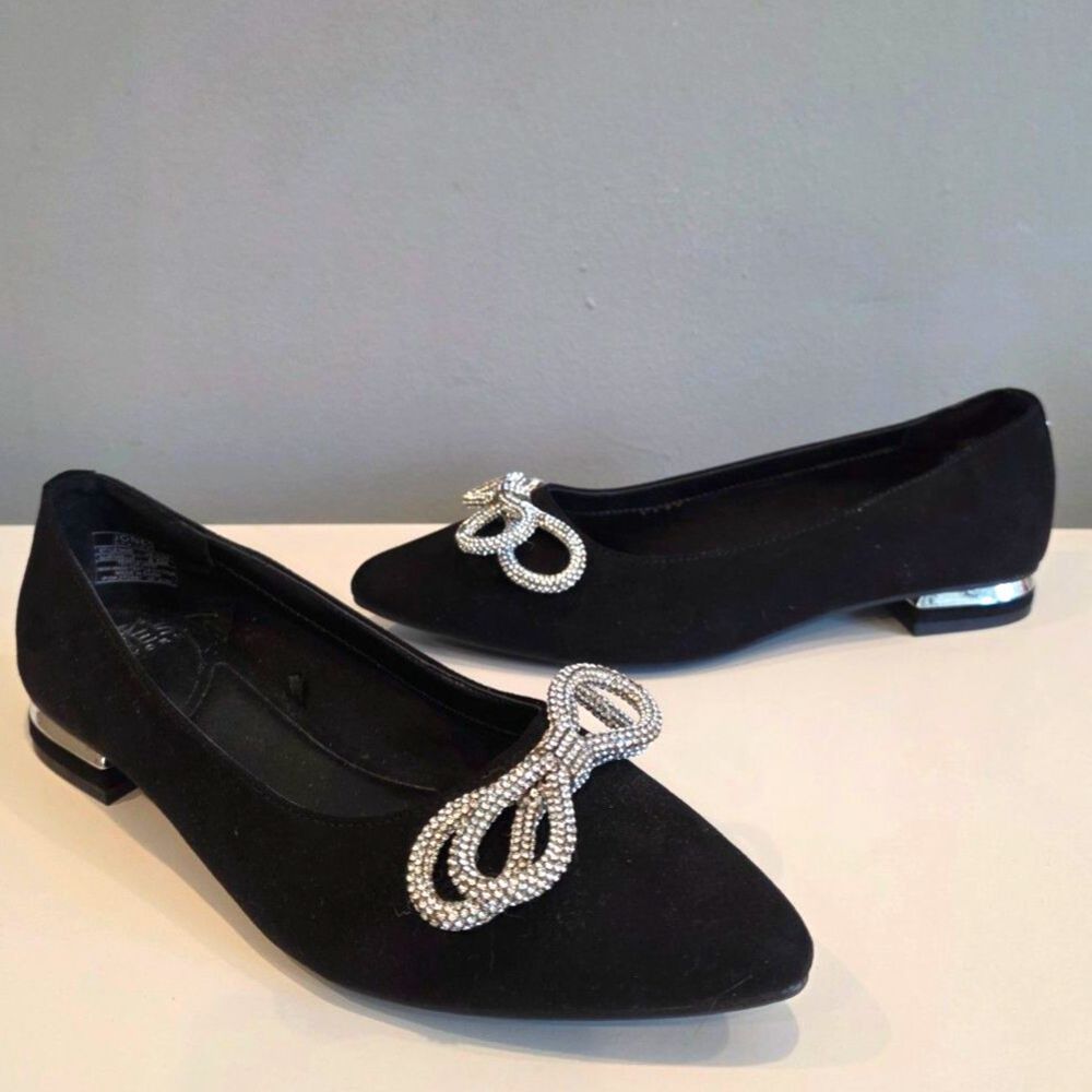 JNY Quinnie Black Faux Suede Crystal Bow Ballet Dress Flats Size 8.5M